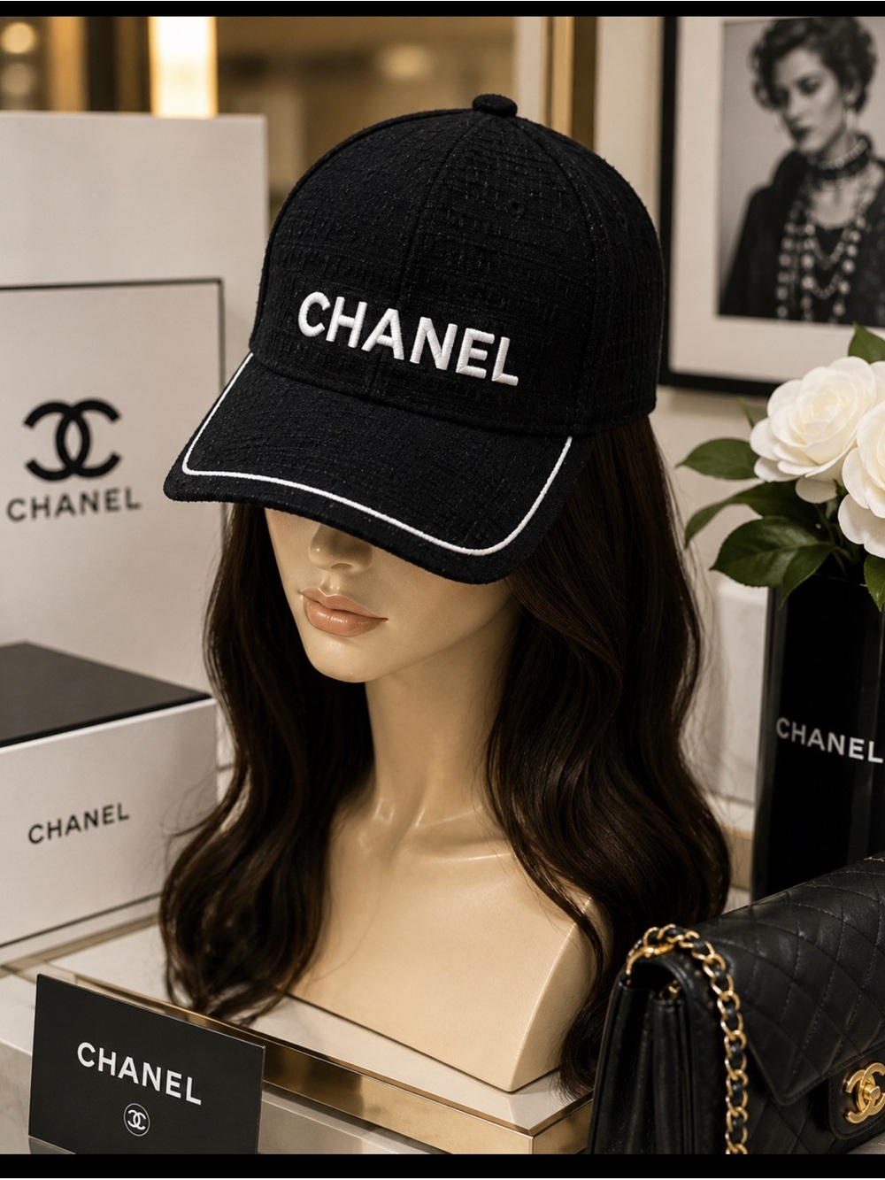 Black Logo Baseball Cap with White Piping